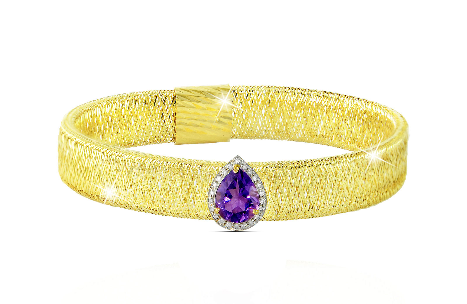 Vera Perla 18K Gold 0.12ct Diamonds, Amethyst Mesh Bracelet